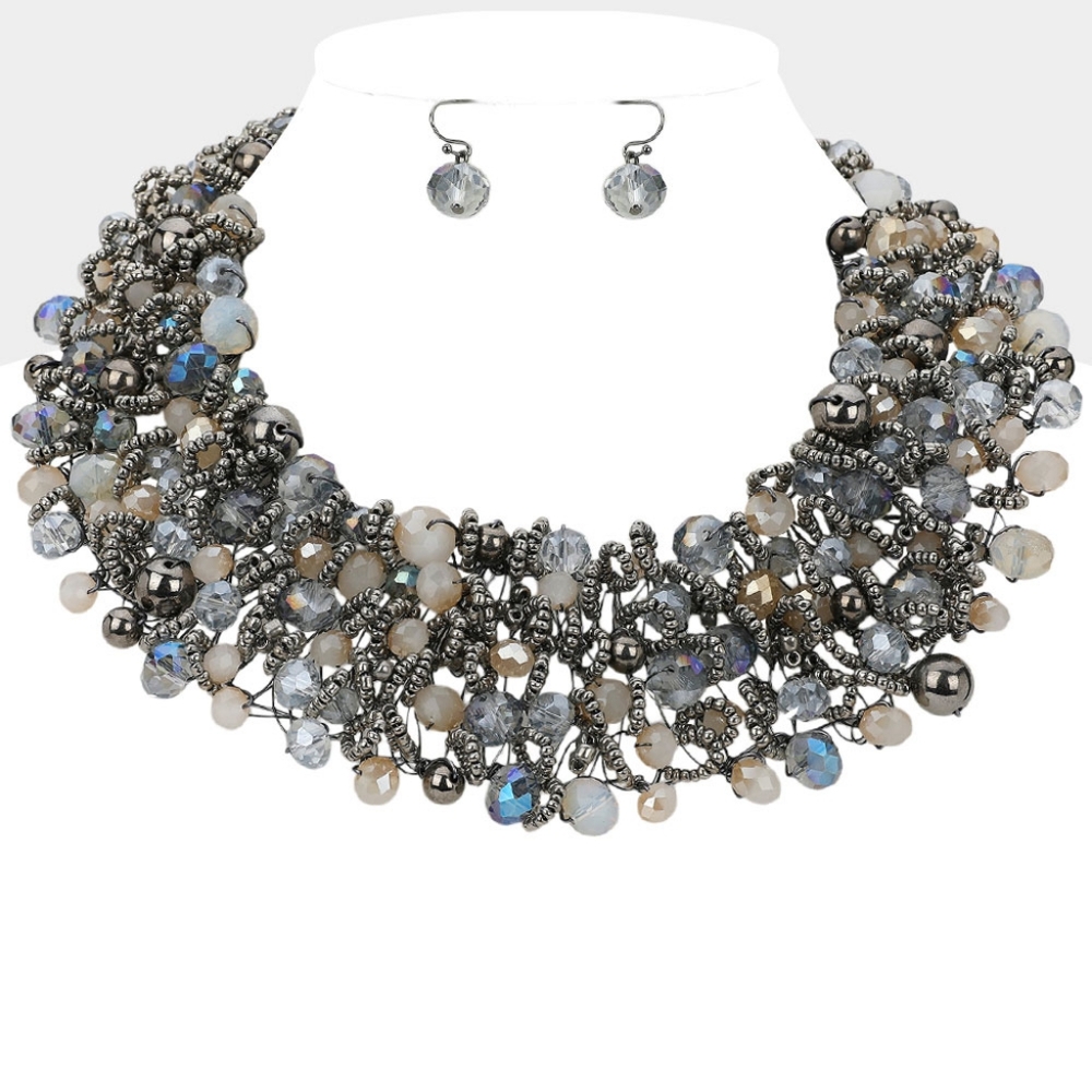 Blue Black Metal Ball Crystal Cluster Beads Necklace Set Wire Chunky Jewelry